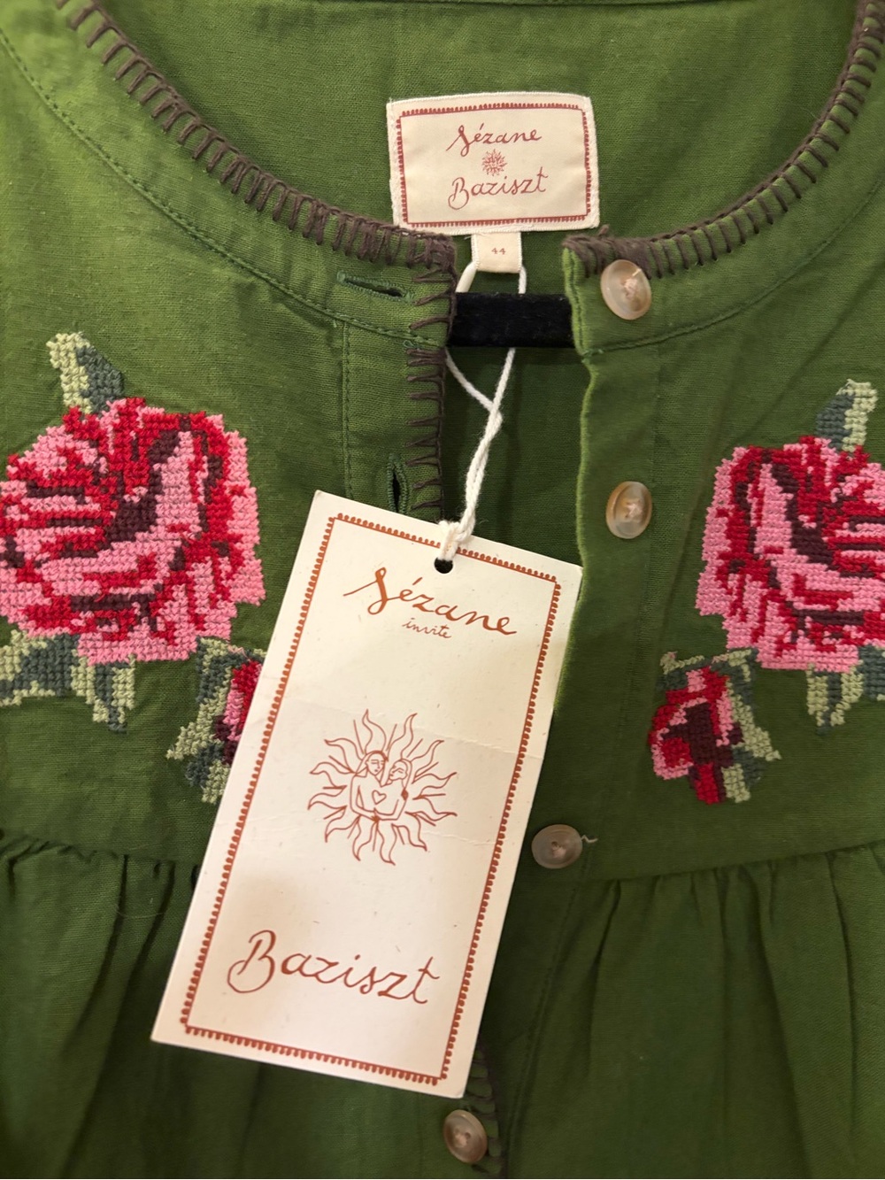Sezane x Baziszt Orla Shirt in Bamboo Green with Floral Embroidery Size 44/12 - Picture 4 of 8